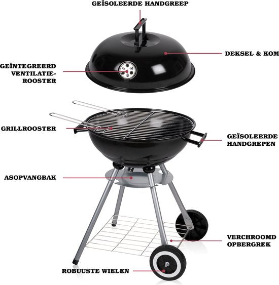 Lone Star Barbecue - Houtskool BBQ - Kogel Barbeque - Geïsoleerde Handvaten - Ontluchtingssysteem - Verwijderbare As Opvangbak
