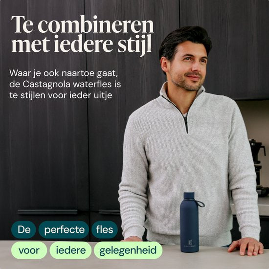 Castagnola Waterfles - RVS Drinkfles 500 ML - Stalen Thermosfles - Drinkflessen voor Volwassenen - Dubbelwandig - Donkerblauw
