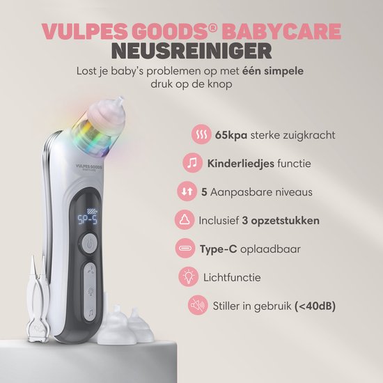 Vulpes Goods® BabyCare - Baby Neusreiniger - Baby Neusreiniger Elektrisch - Neusdouche Elektrisch - Neusreiniger - Snoetenpoetser - Neuszuiger - Grote Batterij - USB C - PRO