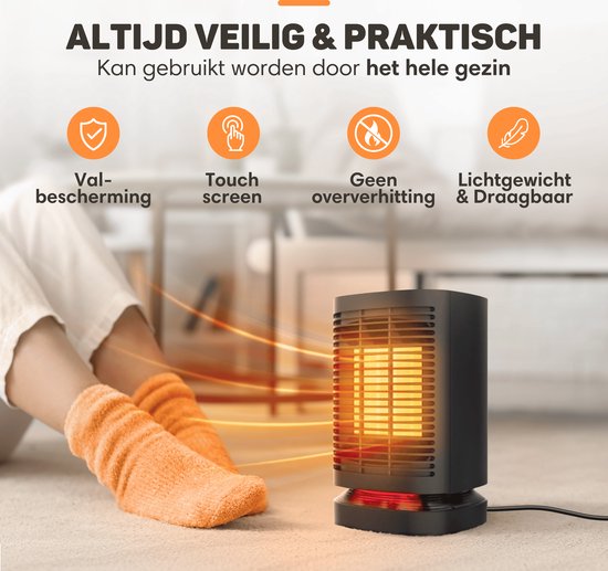 Vulpes Goods® Tech - Elektrische Kachel - Elektrische Verwarming voor Binnen - Ventilatorkachel - Keramische Kachel - Heater - 3 Standen - 950W - LED Indicatie - Roterend - Zwart - PRO versie