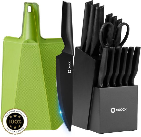 COOCK - Messenset met Blok en Vouwbare Snijplank – Keukenmessen - Schaar - Messenslijper – 15-Delige Keukengerei Set in Messenblok - RVS – Met ‘Non Stick’ Coating - Zwart