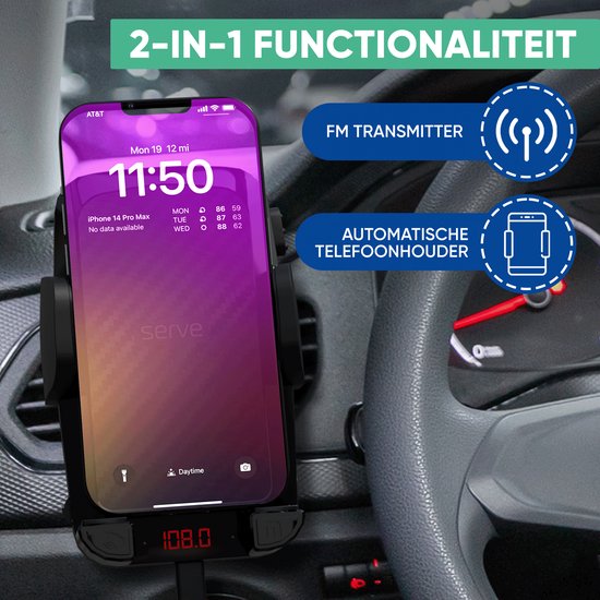 Serve 2in1 Bluetooth FM Transmitter & Telefoonhouder Auto - Carkit voor Muziek - Telefoonhouders Auto Accessoires - Ventilatie Houder
