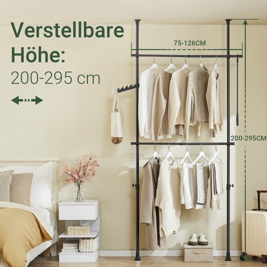 SoBuy Telescoop Kledingrek - Verstelbaar Opbergsysteem - Klerenrailsysteem - B(75–126) × H(200–295) cm, Zwart, FRG109-II-SCH