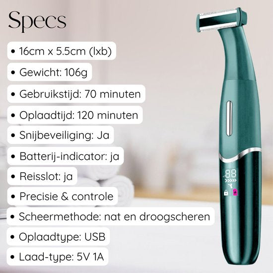 Sansbeauté - 4-in-1 Bikinitrimmer & Ladyshave - Compact - Classic Green ABS - Voor Gezicht, Benen & Bikinilijn - Draadloos & Oplaadbaar - Pijnloze Ontharing