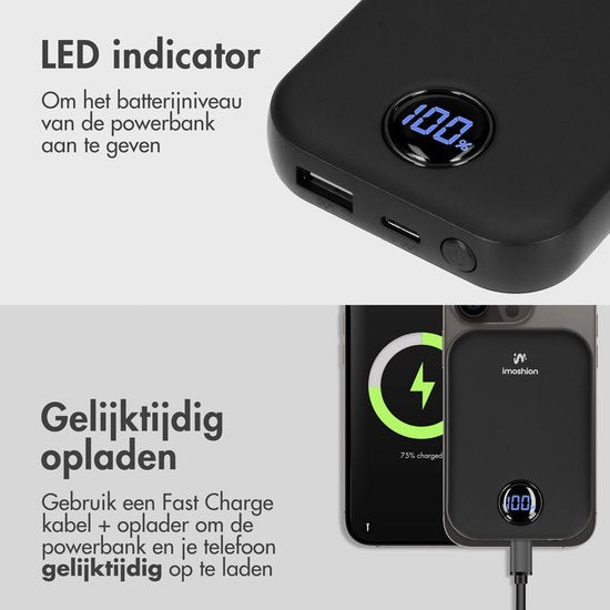 imoshion Powerbank 10000 mAh - Geschikt voor MagSafe - Snellader 22.5W - LED indicator - USB C & USB A - Draadloze Powerbank Geschikt voor iPhone 12/13/14/15/16 - Zwart