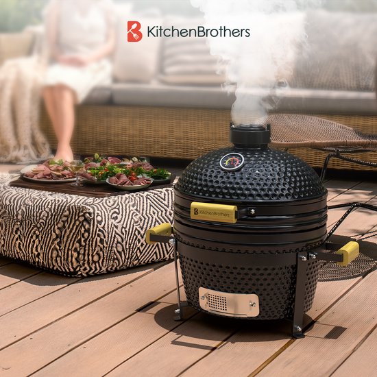 KitchenBrothers Kamado BBQ - 16 Inch Houtskool Barbecue - 34⌀ cm - Deluxe Set - Egg BBQ met Accessoires - Zwart