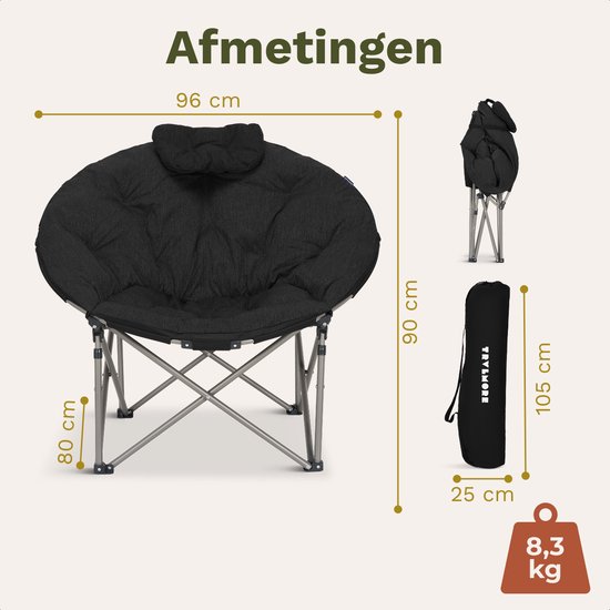 TRVLMORE Campingstoel XL - Opvouwbaar - 150KG Draagvermogen - Incl. Draagtas - Klapstoel - Kampeerstoel - Vouwstoel - Zwart