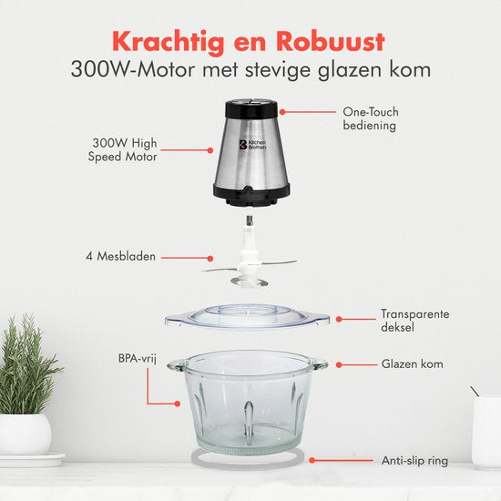 KitchenBrothers Hakmolen - Food Chopper - Elektrisch - 2 Snelheden - 300W - 1,8L - Glazen Kom