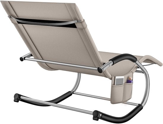 tectake® Ligstoel Taya - Ergonomisch Ligbed voor Tuin, Terras, Balkon - Relaxstoel met Schommelfunctie - Tuinstoel met Comfortabele Armleuningen, Hoofdsteun en Opbergvak - Weerbestendig en Waterafstotend - 120kg Draagkracht - Beige