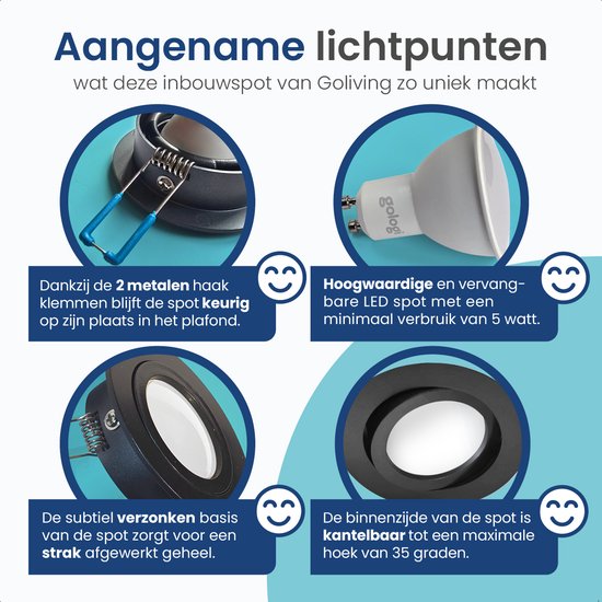 Gologi Slimme Inbouwspots - Smart LED Downlight Dimbaar - Kantelbaar - Warm Wit Licht - Gu10 LED Lamp - Zwart