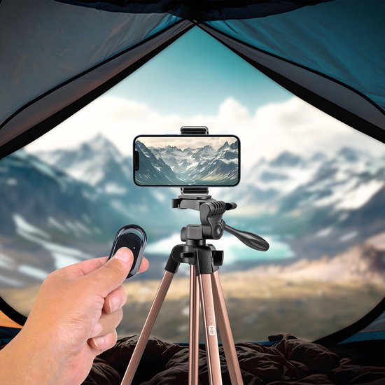 Studio ME Telefoon Statief - 136 cm - Tripod Smartphone - Rosegoud - Camera Statief - Telefoonhouder - Incl. Bluetooth Afstandsbediening - Statief Telefoon