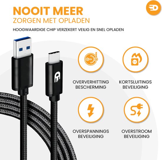 Drivv. USB naar USB C Kabel - Snellader - USB C Data en Oplaadkabel - 2 meter - Geschikt voor Samsung, iPhone 15 & Meer - Zwart