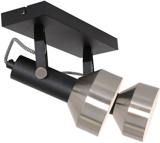 Spot plafondlamp Acier 3338ZW Zwart 2 x E27 fitting, Draaibaar en kantelbaar, Kunststof en Metaal, Modern, Mexlite