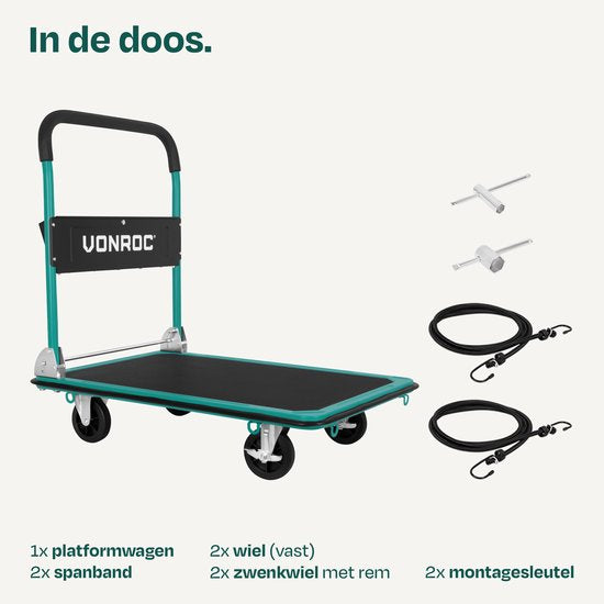 VONROC Plateauwagen – inklapbaar – draagvermogen max 300 kg – groot laadplatform 90x60 cm - transportwagen - inclusief spanbanden