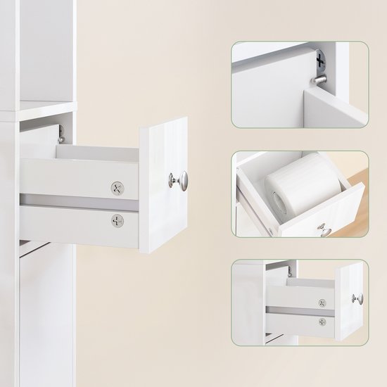SoBuy BZR167-GW Hoge Badkamerkast - Pearl White Houtcomposiet met Lade