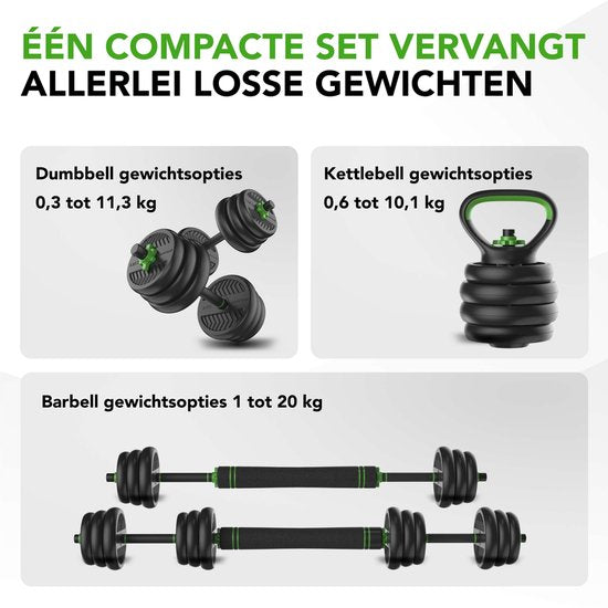Tunturi Halterset en Dumbbells Vinyl 20 kg – Gewichten Set met Kettlebell en Barbell – Opdruksteunen - Schroefsluiting 30 mm – Anti-Slip Grip