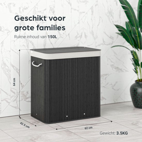 Organess wasmand 3 vakken - Wassorteerder - Wasmand met deksel - Opvouwbaar - 150L - Bamboe - Zwart
