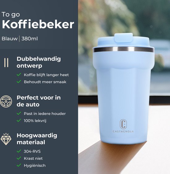 Castagnola Thermosbeker - Koffiebeker To Go - Travel Mug voor Koffie en Thee - Theebeker - 380 ML - RVS - Lichtblauw - Octagon
