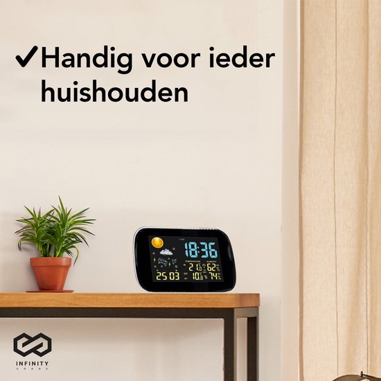 Infinity Goods Weerstation - Weersverwachting - Hygrometer - Binnen en Buiten - Temperatuur - Luchtvochtigheid - Draadloze Buitensensor - 100M bereik - Zwart