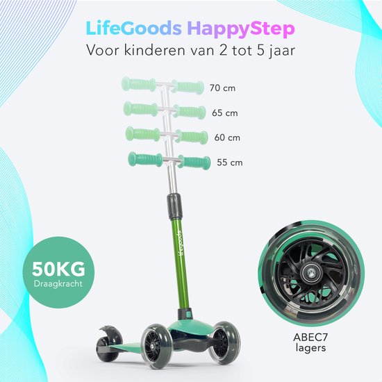 LifeGoods Kinderstep – 3 LED Wielen, Hoogte Verstelbaar – 55-69,5 cm – Muntgroen