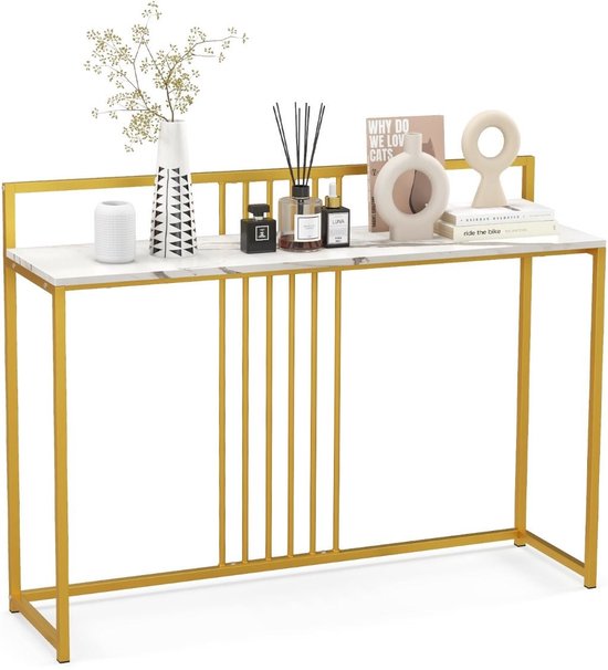 Coast Consoletafel met Imitatiemarmer Blad - Verguld Metalen Onderstel - Wit/Goud - 120 x 32 x 89 cm