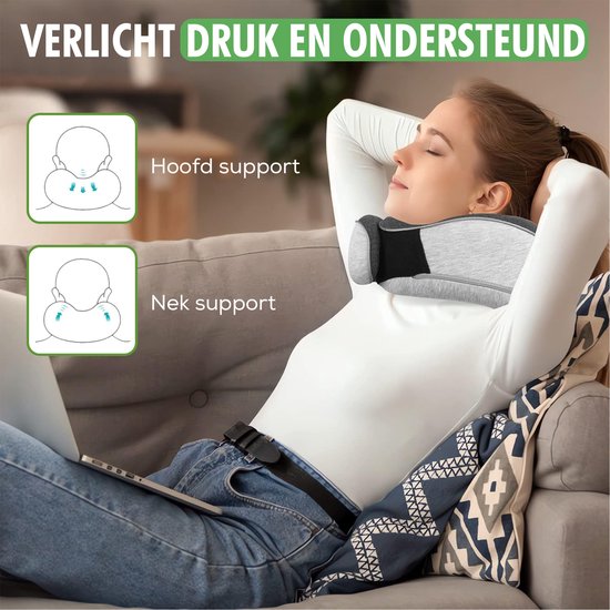 Travelhawk Nekkussen - Luxe Reiskussen - Memory Foam - Nekkussen Vliegtuig, Auto, Bus, Trein en Camping - Nek Kussens - Grijs