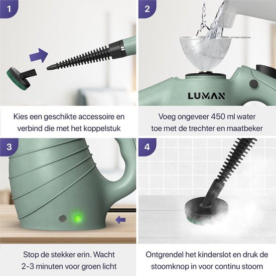 LUMAN Stoomreiniger – 16-in-1, Incl. Accessoires – 1050 W – 450 ml – Groen