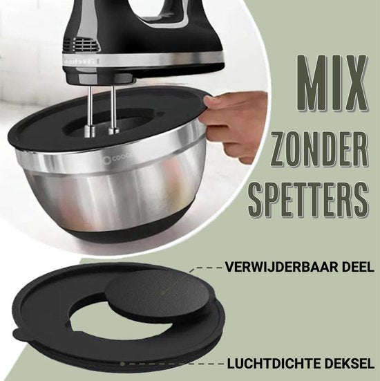 COOCK RVS Mengkommen set met Deksel - Beslagkommen met deksel - Bewaarbak met Rasp - Schaal voor Salades & Mengen - 22 Delige Set 1,5 t/m 5 Liter – Incl. Maatschepjes
