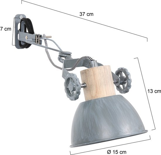 Klemspot en wandlamp Gearwood 2752GR Grijs E27 fitting - Hout en metaal, trendy design, draaibaar en kantelbaar, geschikt voor binnengebruik - Mexlite