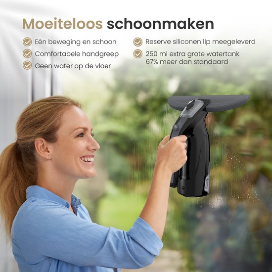 Vapore Elektrische Ruitenreiniger - Incl. Inwasser - Raamwisser met Ingebouwde Sproeifunctie - Ramenwasser - Raamtrekker - Raamzuiger - Incl. Microvezeldoek - Zwart