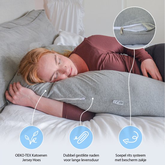 EL-Life Zwangerschapskussen XXL U-Vorm - Zijslaapkussen - Lichaamskussen - Voedingskussen - Body Pillow - 140x80cm - Afneembare Jersey Katoenen Hoes, Lichtgrijs