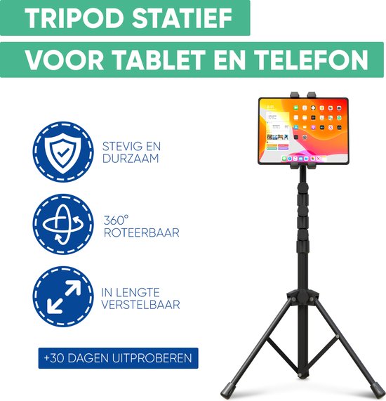 Serve Tablet Standaard - Tripod Houder Statief voor Smartphone & Tablet - Incl. Draagtas & Bluetooth Remote - iPad Tablethouder Lessenaar Aluminium - Zwart