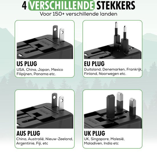 TravelHawk Universele Wereldstekker met USB-C en USB Poort - Reisstekker - Internationale Reisstekker voor 150+ landen - Amerika (USA) - Engeland (UK) - Australië - Azië - Zuid Amerika - Afrika - Wereldstekkers - Zwart