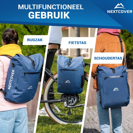 NEXTCOVER® NIEUW 3-in-1 fietstas voor bagagedrager [Aquashield] - Reflecterend bagagedragertas waterdicht - rugzak en schoudertas [25 liter]- Blauw