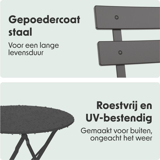 LifeGoods Bistroset - Staal - 3-delig - Tuinset - Inklapbaar - Balkonset met Tafel - Weerbestendig - Donkergrijs