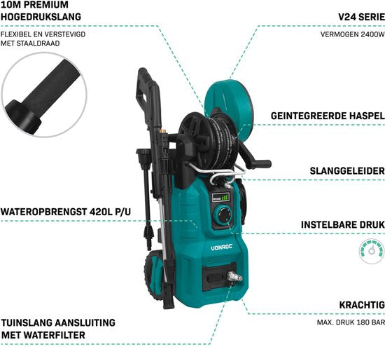 VONROC Hogedrukreiniger V24-3 - 2400W – 180 bar – drukregelaar - Incl. terrasreiniger, schuimsproeier en accessoires