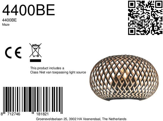 Anne Lighting - wandlamp - MAZE - naturel - bamboe - bedlampje - E27 - 4400BE