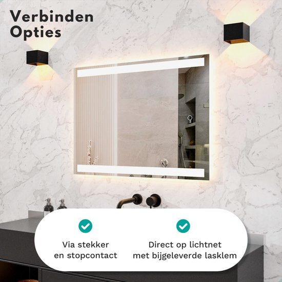 Mirlux Badkamerspiegel met LED Verlichting & Verwarming – Wandspiegel Rechthoekig– Anti Condens Douchespiegel - 90x65CM
