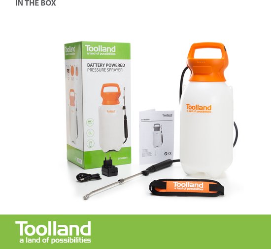 Toolland Drukspuit, elektrisch, herlaadbare batterij, telescopische lans, regelbare sproeikop, schouderriem, 8 liter, wit/oranje/zwart