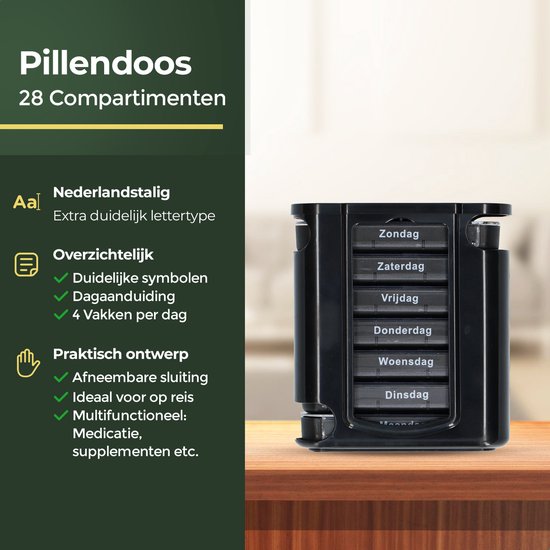 Gandria Pillendoos 7 Dagen - Uitneembaar Pillendoosje - Stapelbare Medicijndoos met 28 Compartimenten - Medicijndoos met Stevige Sluiting - 4 Vakken per Dag - Zwart