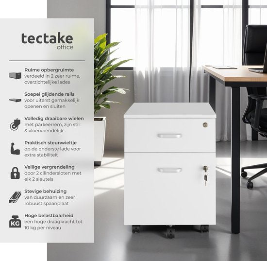 tectake® Ladenkastje - Met 2 afsluitbare lades, vergrendelbare wielen - Rolkast - Organizer - Perfect voor een georganiseerde werkplek - Kantoor, studeerkamer , thuiswerkplek - Wit
