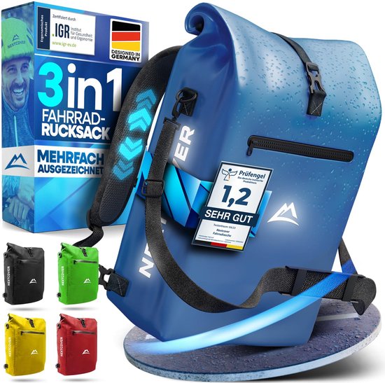 NEXTCOVER® NIEUW 3-in-1 fietstas voor bagagedrager [Aquashield] - Reflecterend bagagedragertas waterdicht - rugzak en schoudertas [25 liter]- Blauw