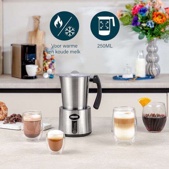 Elektrische Melkopschuimer Princess – PFAS BPA vrij - Uitneembare RVS kan - Vaatwasserbestendig – Droogkookbeveiliging – Temperatuurcontrole - Voor koud schuim, heet schuim en verwarmen - Matcha - Chocola - Cappuccino - Latte - 3-in-1 - 243005