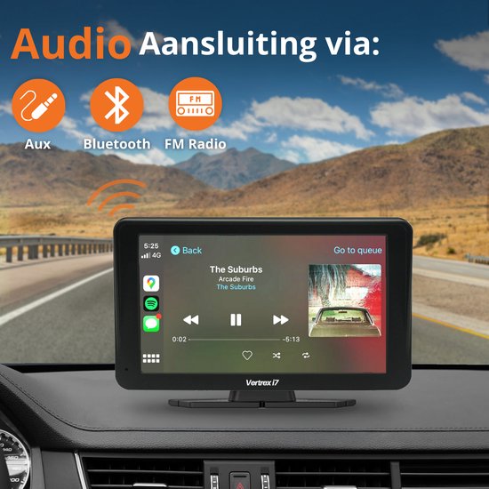 Vertrex Slimme Auto Display - Scherm Compatibel met Carplay en Android Auto - Car Play - Draadloos - 7-Inch - Touchscreen - Zwart