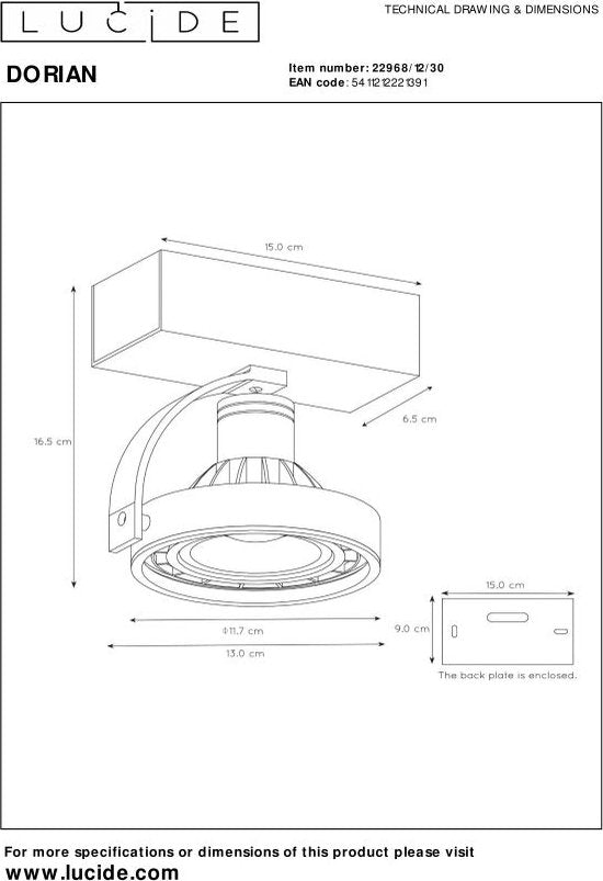 Lucide DORIAN - Plafondspot (Plafondlamp) - Ø 11,7 cm - LED Dim to warm - GU10 (ES111) - 1x12W 2200K/3000K - Zwart