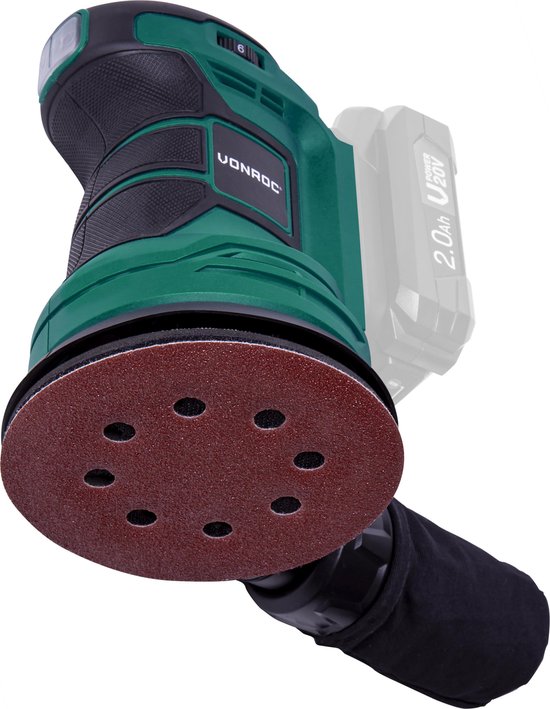 VONROC Excentrische schuurmachine – VPower 20V - Zonder accu & lader - Ø125mm - Met stofzak & 12 stuks schuurpapier