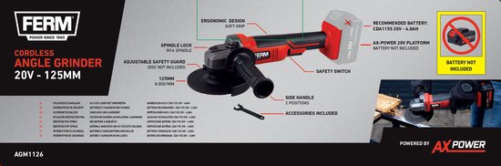 FERM - AX-POWER - AGM1126 - Accu - Haakse slijper - 125 mm - 20Volt - 8000t/min - Softgrip - Zijhandgreep op twee plaatsen - Verstelbare beschermkap - Veiligheidsschakelaar - Zonder accu en zonder lader - Geschikt voor AX en FX accu platform