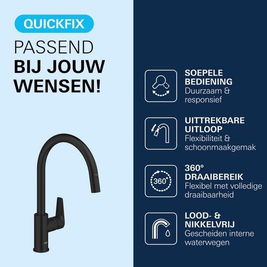 GROHE Start Edge eengreeps keukenmengkraan met uittrekbare uitloop - Hoge C-uitloop - 360° Draaibereik - Mat Zwart - Eenvoudig te monteren met de QuickMount