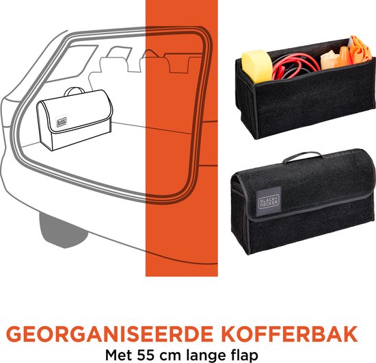 BLACK+DECKER - Kofferbak Organizer - Kofferbak Tas - 55 x 15 x 23 CM - 1 Groot Vak en 2 Insteekvakken - Boodschappen en Auto Accessoires - Met Klittenband - Zwart
