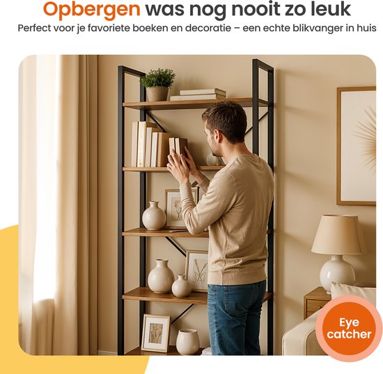 Goliving Boekenkast - 66 x 30 x 186 cm - 6 Lagen - Opbergkast - Wandkast - Boekenrek - Vitrinekast - Stellingkast - Woonkamer Kast - Industrieel - Bruin/Zwart